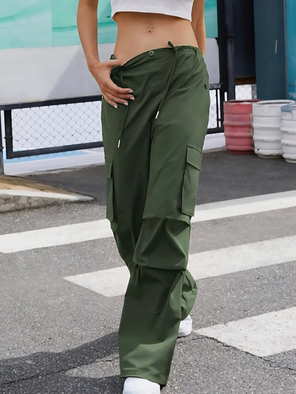 Wide Leg Cargo Pants in Olive Green - Women - Picture 3 of 6